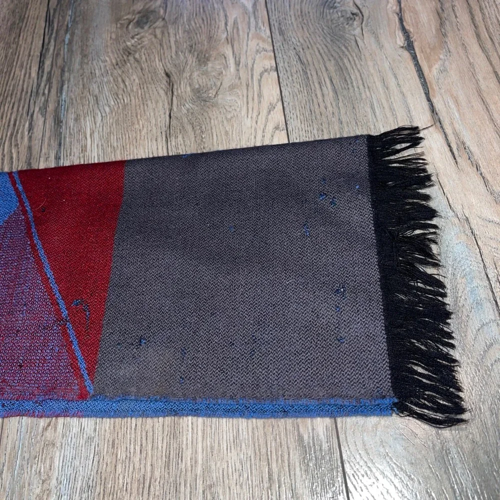 Vintage Yves Saint Laurent YSL Wool Scarf Geometric Diamond Blue Red Grey 66in